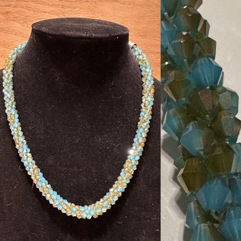 Iridescent Beaded Necklace Tube Beachy Blue Green Silver Tone 18-21” L  Boho